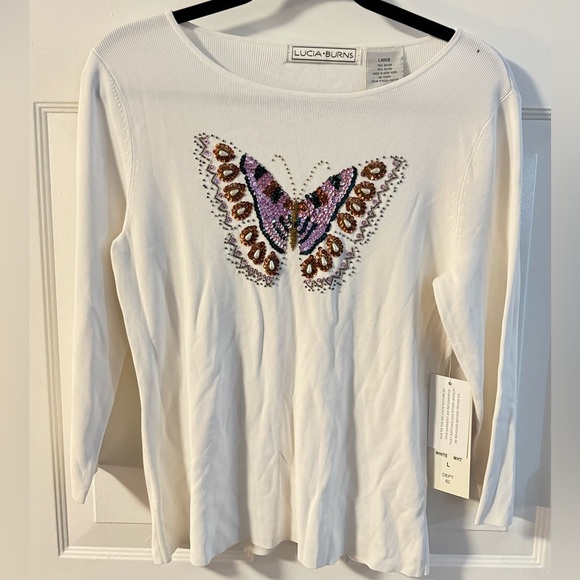 Lucia Burns Butterfly Embellished Knit Beaded Sequins Fitted Top Large Y2K NWT - Picture 1 of 16